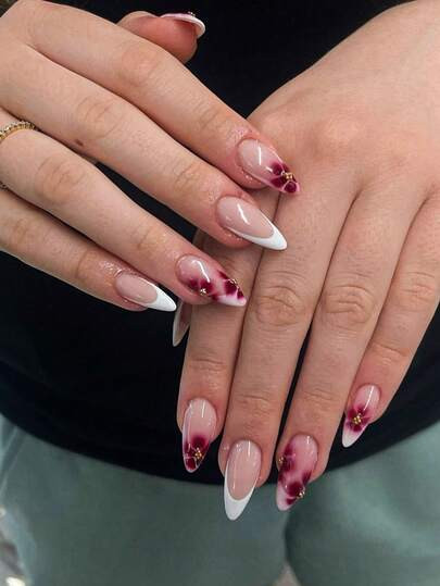 10 pezzi di punte per unghie finte a forma di mandorla, dipinte a mano con fiori di melo rosso, c... | SHEIN
