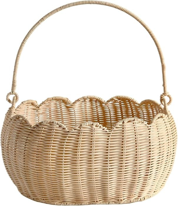 Scalloped Round Basket with Handle, Super Sturdy Wicker Storage Baskets, Hand Woven Basket for Sh... | Amazon (US)