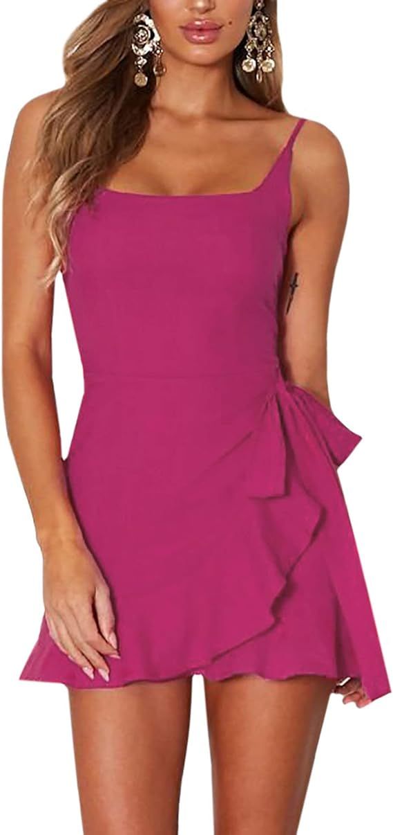 AIMCOO Women's Casual Ruffle Hem Solid Wrap Dress Spaghetti Strap Front Tie Knot Short Dresses | Amazon (US)