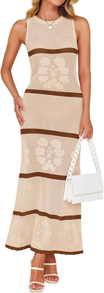 ZESICA Womens Crochet Hollow Out Dress 2025 Summer Sleeveless Striped Coverup Sundress Beach Long... | Amazon (US)