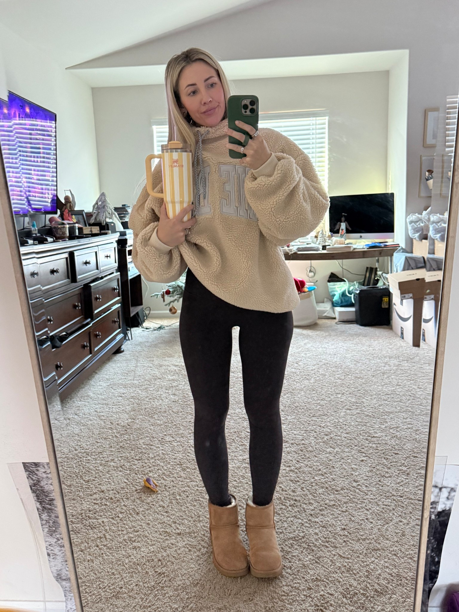 The bar sweatshirt in size XL 
Lululemon no line align leggings in 4. 
Old short Uggs tts. In popular opinion, I love my plain mini Uggs. 

#LTKHoliday #LTKootd