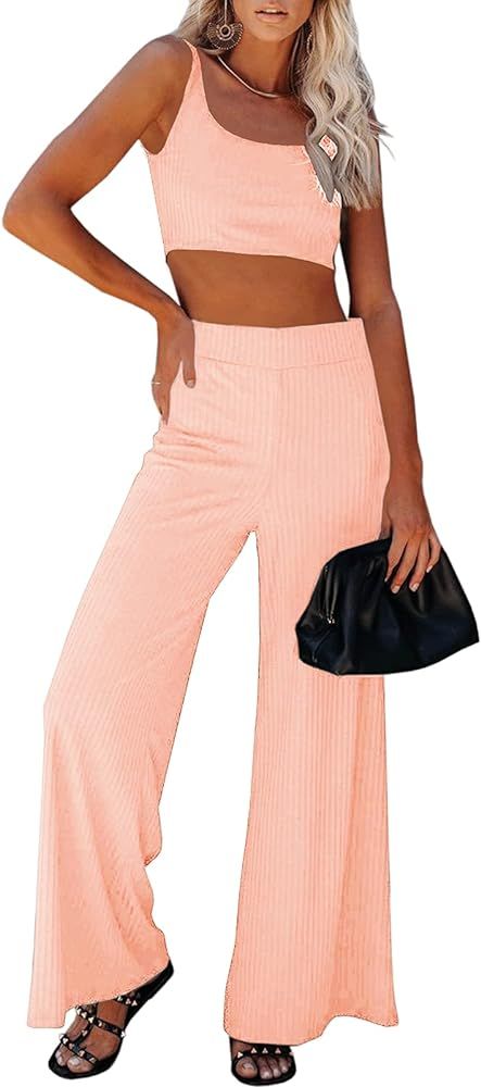 Womens 2 Piece Set Ribbed Knit Outfits Loungewear Crop Top Wide Leg Hight Waist Pants | Amazon (US)