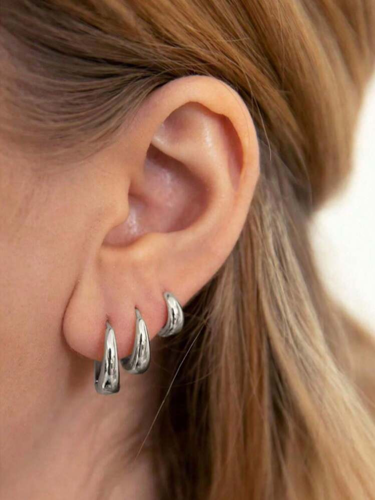 3 Pairs Of Fashionable Earrings Set With Large, Medium And Small Sizes. A 6-Piece Silver-Colored ... | SHEIN