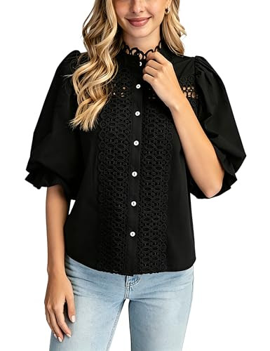 Esmeling Women Lace Embroidered Eyelet Top Mock Neck Puff Ruffle Sleeve Shirt Hollow Out Button D... | Amazon (US)