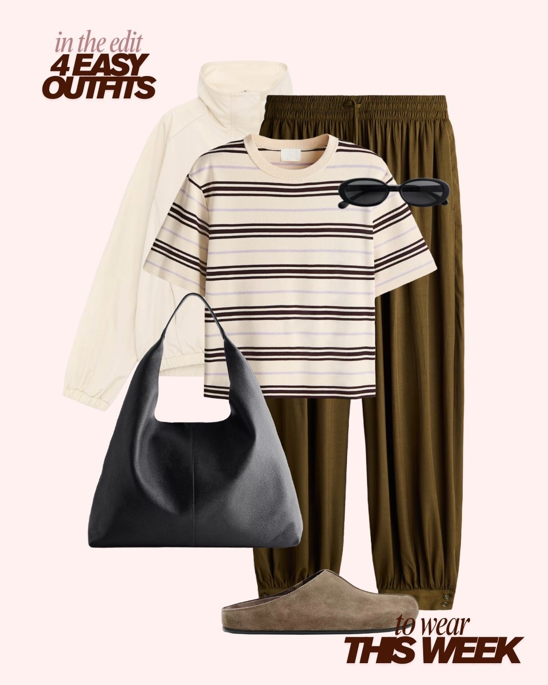 Spring outfit 

Striped tshirt 
Balloon trouser 
Mules
Technical jacket 