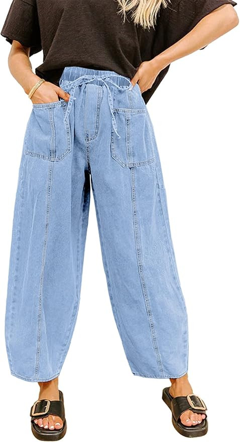 Sidefeel Womens Barrel Jeans Drawstring Baggy Denim Pants | Amazon (US)