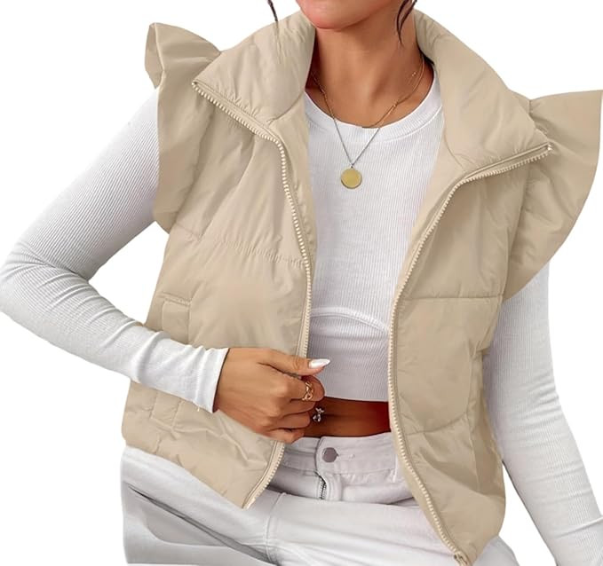 Ruffle Sleeve Cropped Puffer Vest Zip Up Sleeveless Padded Outwear Warm Stand Collar Coats Cuteco... | Amazon (US)