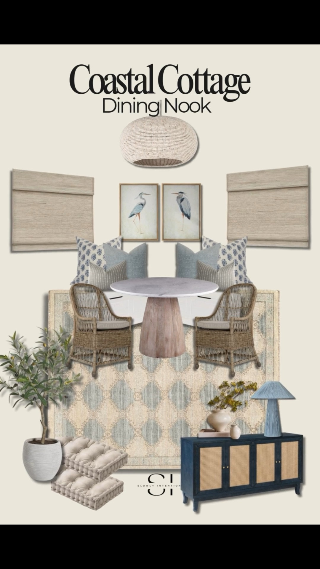 This cozy dining nook is giving me all the coastal cottage vibes! A round pedestal table anchors the space, surrounded by woven rattan chairs and layers of patterned pillows that make the bench seating so inviting. The light blue and cream rug ties it all together while the bird art adds a touch of charm. I finished it off with a beaded pendant, cane sideboard, and soft linen roman shades. Perfect for casual family meals or lingering over coffee. Shop the look and make your breakfast nook the coziest spot in the house!

#LTKHome