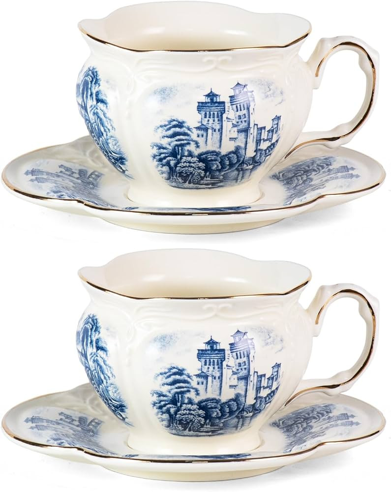 KAMMAK Tea Cups and Saucers Set of 2, Porcelain Coffee Cups, 8-Ounce Stackable Espresso Mugs, Cer... | Amazon (US)