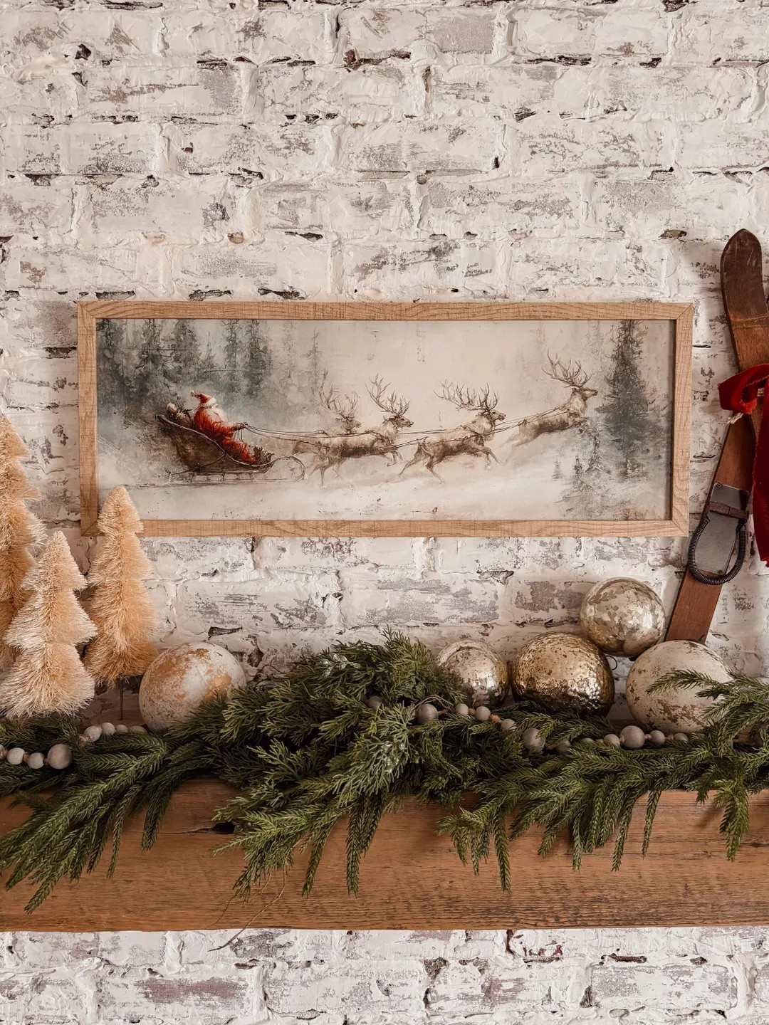 Vintage Santa Sleigh & Reindeer Art Print, Handmade Farmhouse Vintage Christmas Artwork, Wood Sig... | Etsy (US)