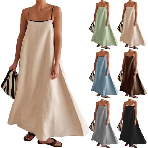 Summer Boho Maxi Dress for Women Spaghetti Strap Sleeveless Dresses Backless Beach Vacation Sundress Trendy Outfits Beige | Amazon (US)