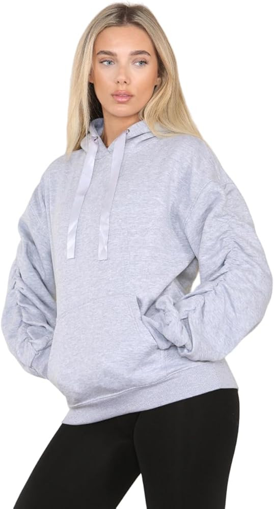 Women’s Ruched Sleeve Oversized Hoodie Sweatshirt Silk Ribbon Drawstring with Wide Front Pocket | Amazon (US)