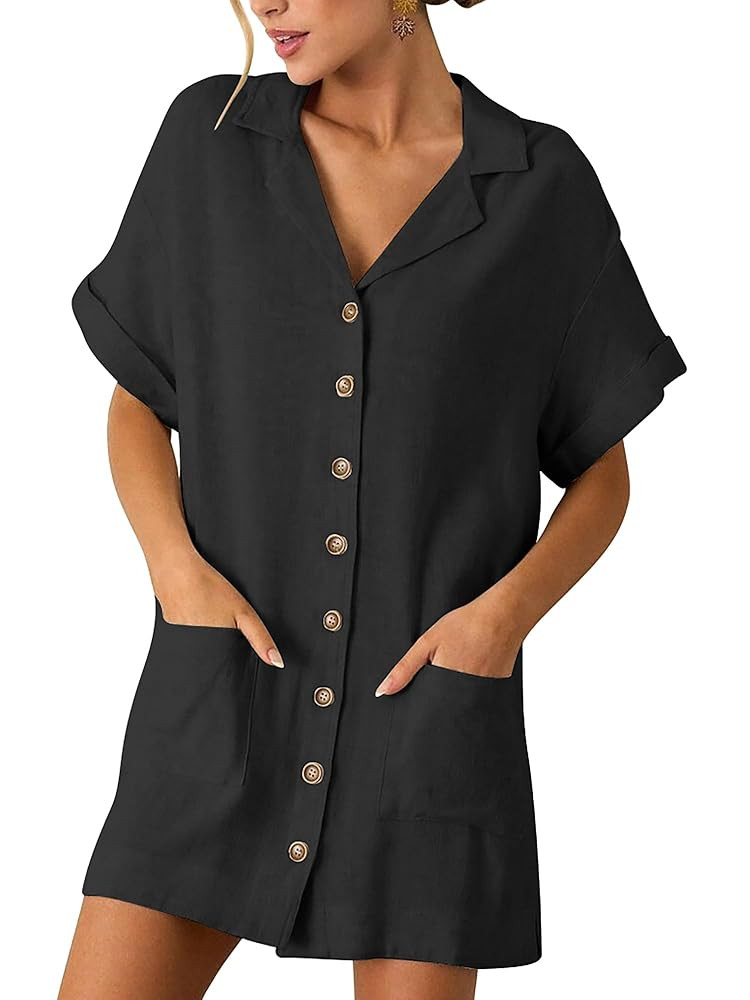 ZAFUL Women's 2025 Summer Button Down Dress Pockets Short Sleeves V-Neck Collar Vacation Beach Co... | Amazon (US)
