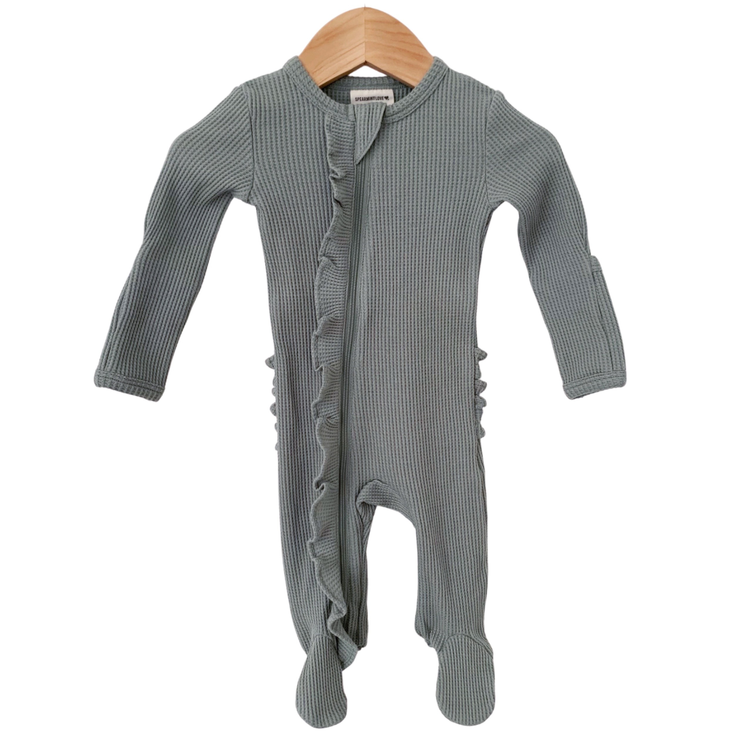 Organic Waffle Ruffle Zip Footie, Mountain Green | SpearmintLOVE