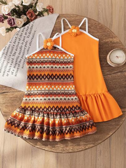 2pcs/Set Girls Casual Cute Dress, Floral Strap Fashion Orange Dress + Orange-Brown Jacquard Knit ... | SHEIN