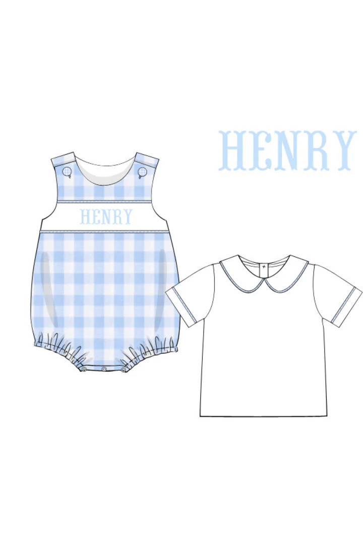 Pre-Order Hand Smocked Baby Blue Gingham Custom Name Bubble with Shirt | The Smocked Flamingo