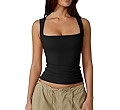 QINSEN Women's Square Neck Sleeveless Double-Layer Tank Tops Basic Tight T Shirts | Amazon (US)
