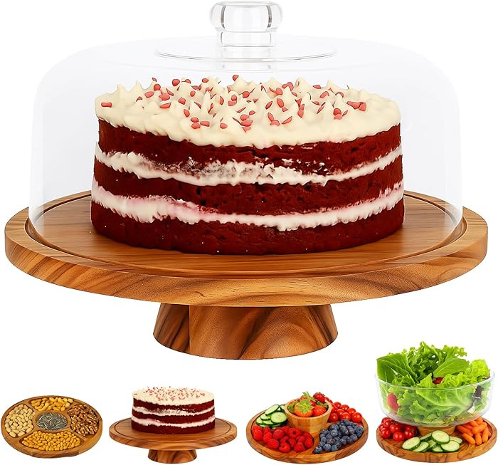 JOEY'Z 6 in 1 Large Acacia Wood Cake Stand with Lid - Multiuse Wooden Cake Stand with Dome Acryli... | Amazon (US)