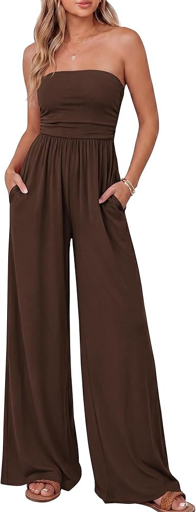 BTFBM Jumpsuits For Women Summer 2026 Beach Vacation Strapless Tube Top Jumpsuit Ruched Casual Wi... | Amazon (US)
