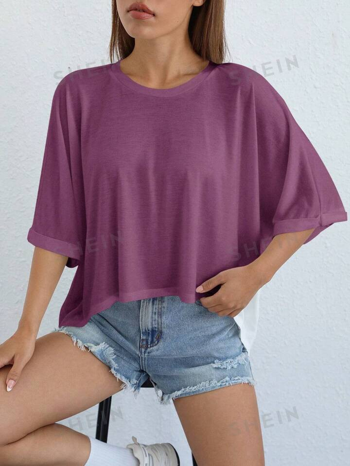 SHEIN EZwear Women's Irregular Hem Round Neck Knitted Purple T-Shirt For Spring And Summer | SHEIN