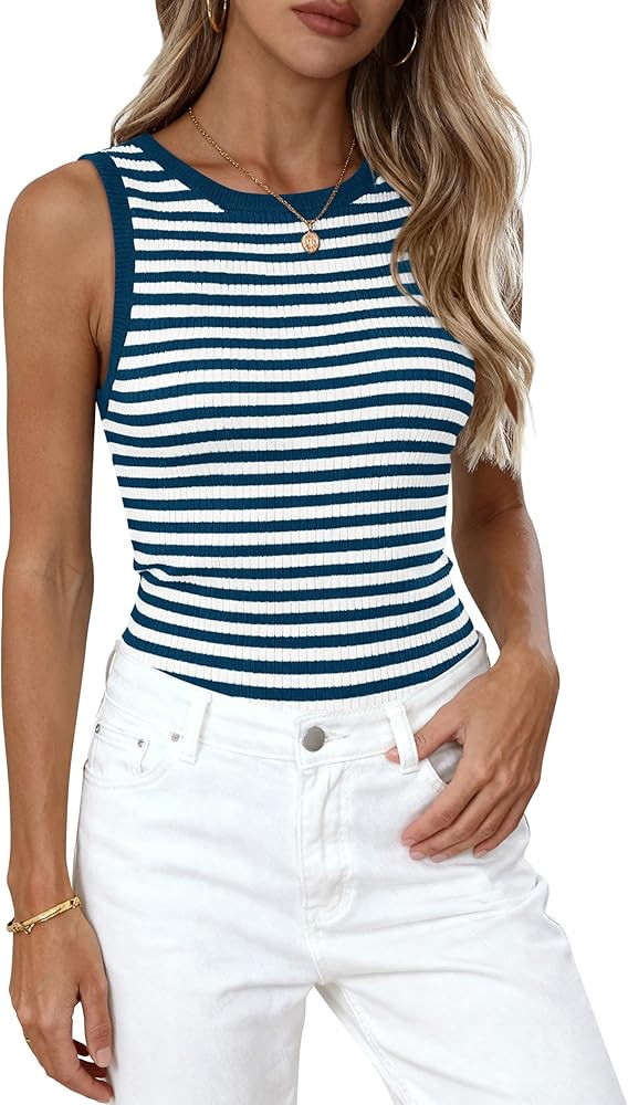 PRETTYGARDEN Summer High Neck Striped Tank Tops for Women Casual Sleeveless Sweaters Basic Ribbed... | Amazon (US)