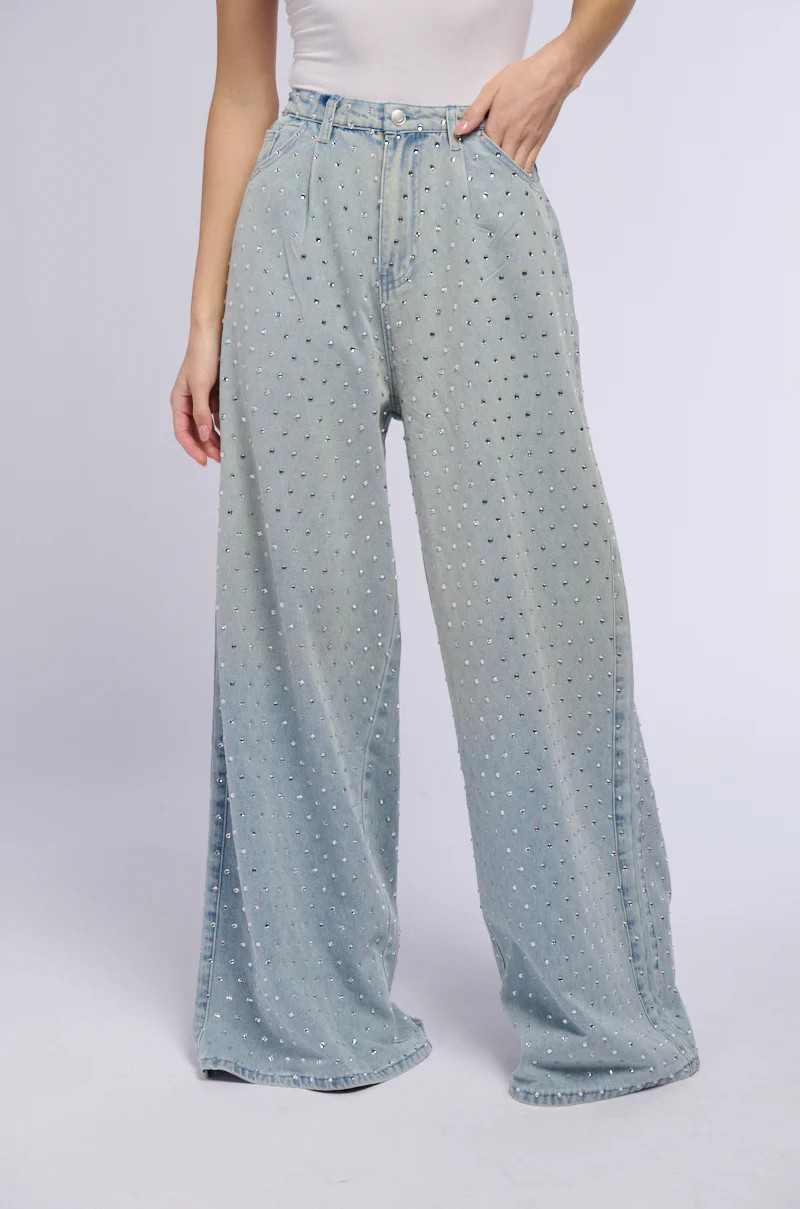DAZZLED RHINESTONE STUDDED EXTRA LONG DENIM PANTS | AKIRA