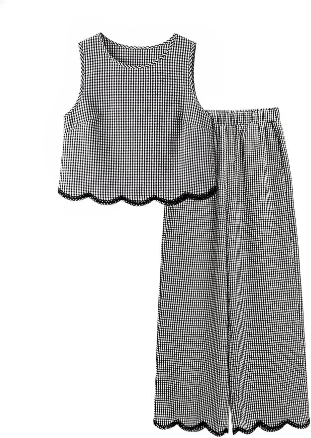 RoseSeek Women's Plaid 2 Piece Sets Textured Tank Tops with Pants Outfits | Crew Neck Tops, Wide ... | Amazon (US)