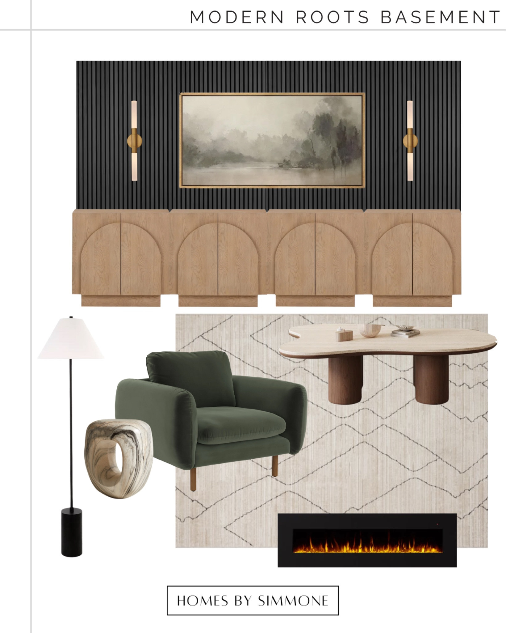 A few pieces from my moody and earthy modern roots basement design with an organic modern style. 

Black wood wall paneling, brass sconces, large wall art, modern  console credenza, organic coffee table, marble end table, floor lamp, neutral area rug and electric fireplace linked! 

#LTKHome #LTKStyleTip