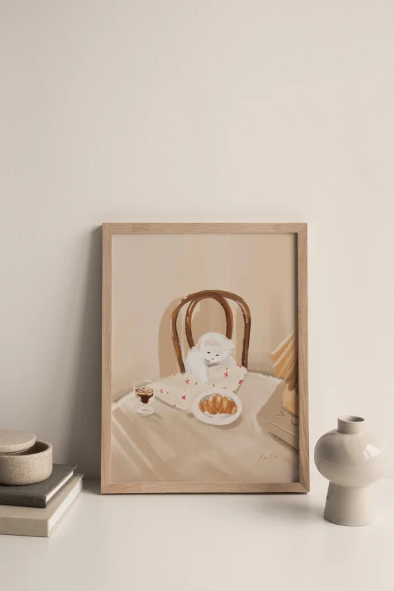 Printable Beige Cat With a Croissant Art Print Cute White Cat | Etsy | Etsy (US)