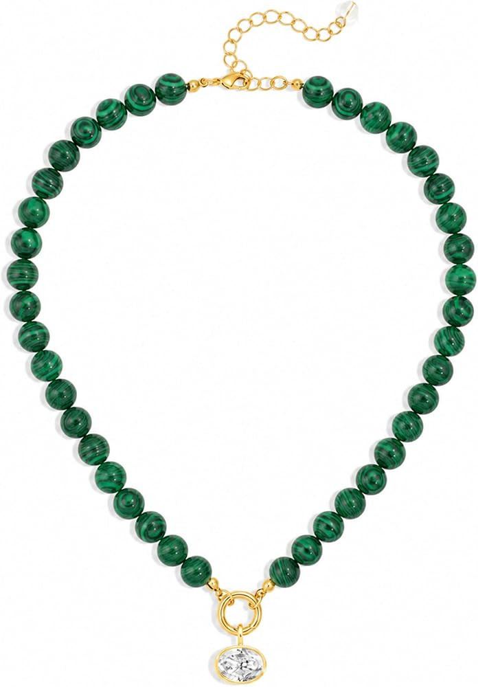 Natural Stone Beaded Necklace for Women 10mm Round Bead Choker with Detachable Crystal Pendant Ad... | Amazon (US)