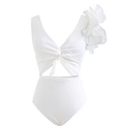Solid White Ruffle Shoulder Cutout Swimsuit | Chicwish