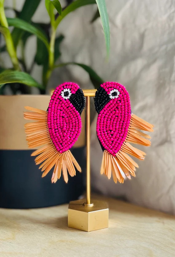Pink Parrot Beaded Fringe Earrings | Etsy | Etsy (US)