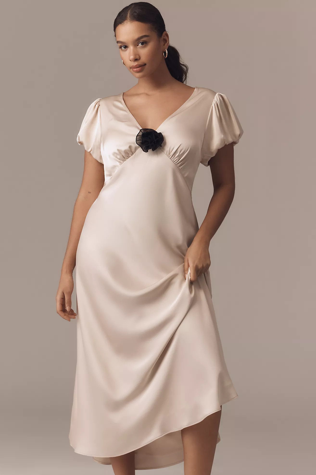 Elodie The Label Leia Rosette Satin Midi Dress | Anthropologie (US)