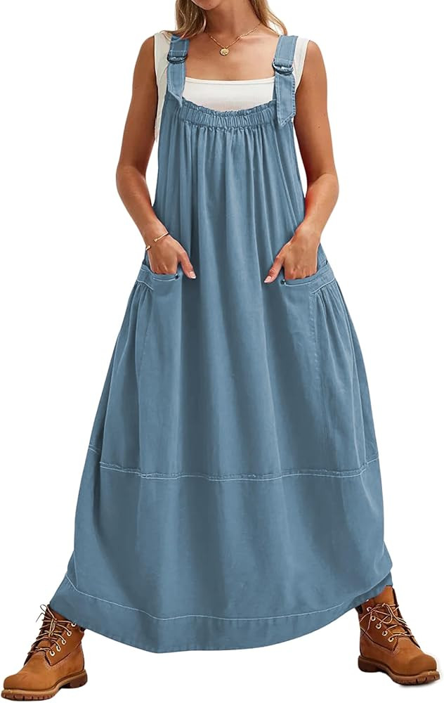 Hooever Barrel Overall Dress for Women Loose Adjutable Strap Big Pockets Jumper Dress Midi Bib Ov... | Amazon (US)
