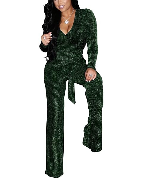Women's Sparkly Jumpsuits Sexy Long Sleeve Cocktail Elegant Mock Neck Bodycon Straight Long Pants... | Amazon (US)