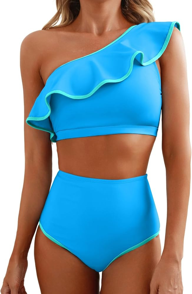 Women's One Shoulder Bikini Sets Color Block Trim Ruffle Hem Swimsuits Elegant Bathing Suits | Amazon (US)