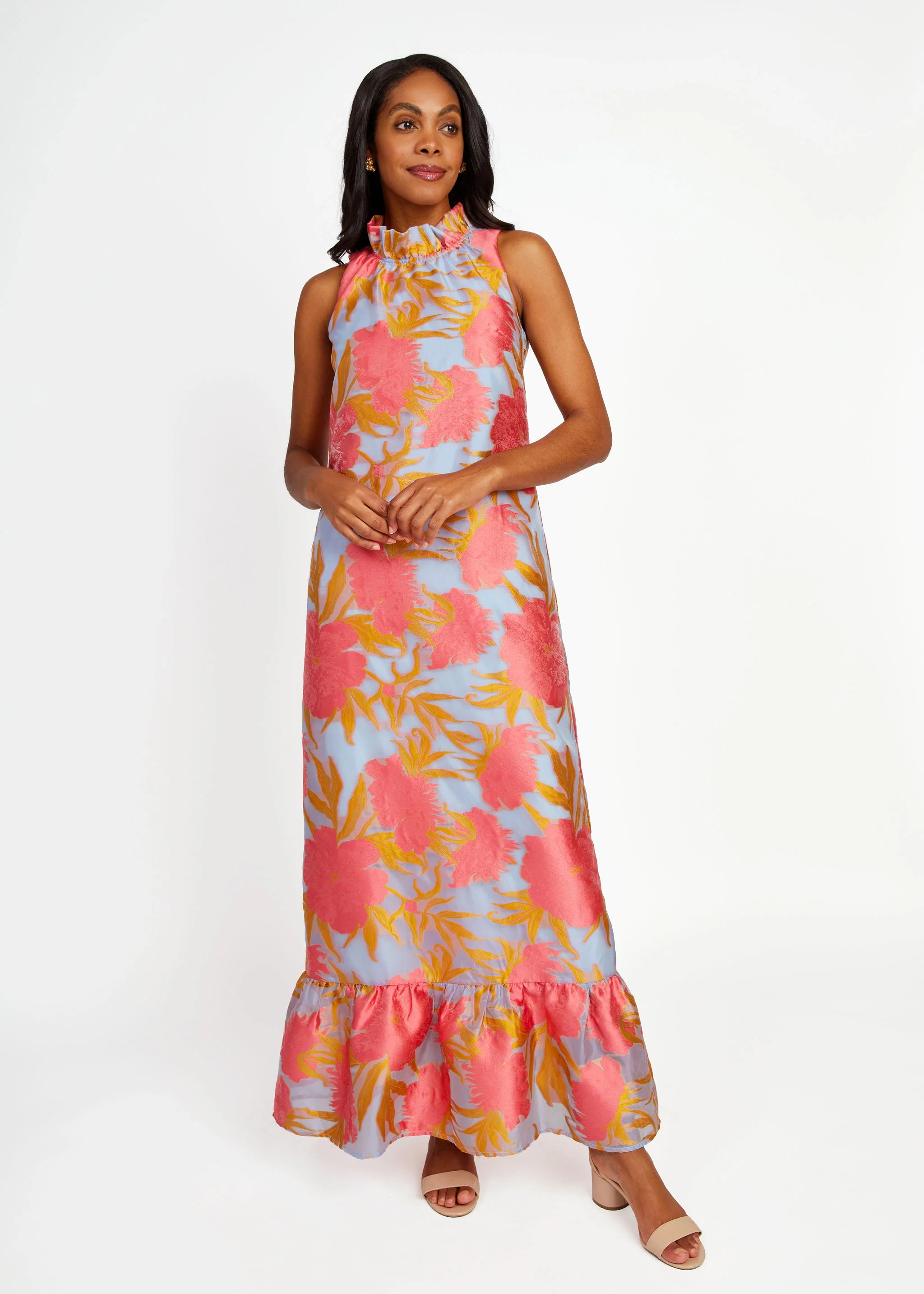 Camille Gown Hot Coral Pansy Vine Organza | Abbey Glass