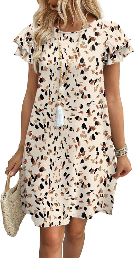 OFEEFAN Womens Summer Dresses 2026 Ruffle Sleeve Round Neck Loose Swing Sundresses with Pockets P... | Amazon (US)