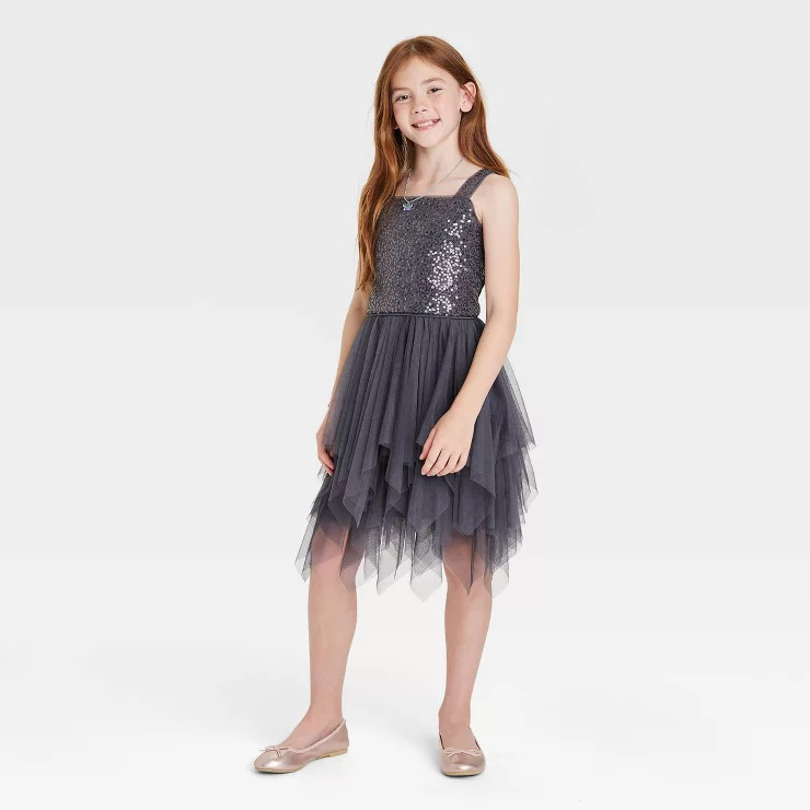 Girls' Sequin Tiered Tulle Dress - Cat & Jack™ Charcoal Gray | Target