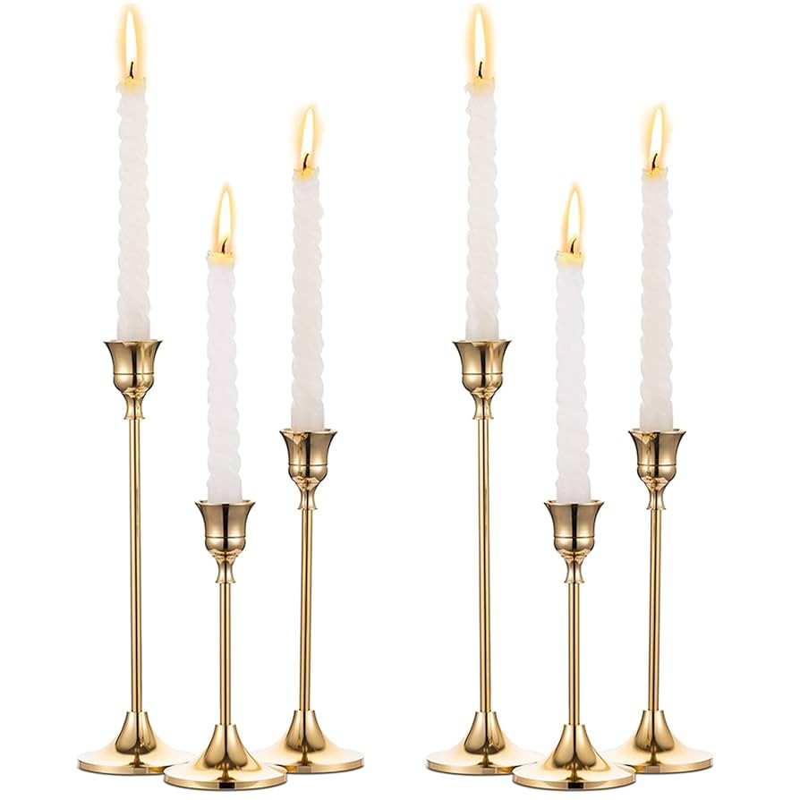 2 Sets(6 Pcs) Brass Gold Metal Taper Candle Holders Candlestick Holders, Vintage Modern Decorativ... | Amazon (US)