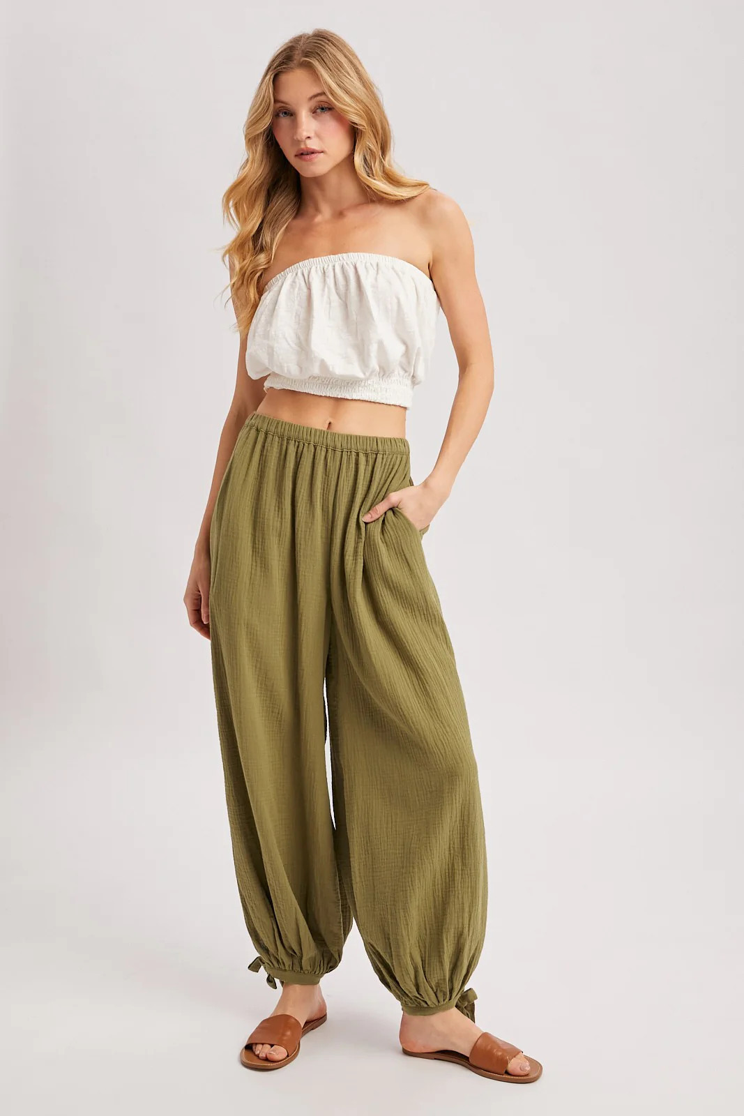 Olive Cotton Gauze Tie Hem Pants - Small | PinkBlush Maternity