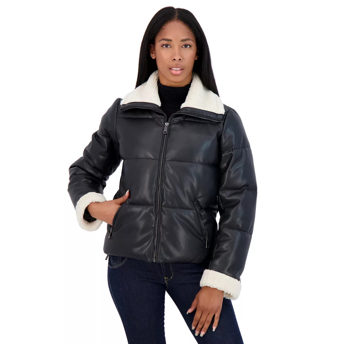 Women's Sebby Collection Faux Leather Puffer Jacket with Sherpa Collar and Cuffs | Kohl's
