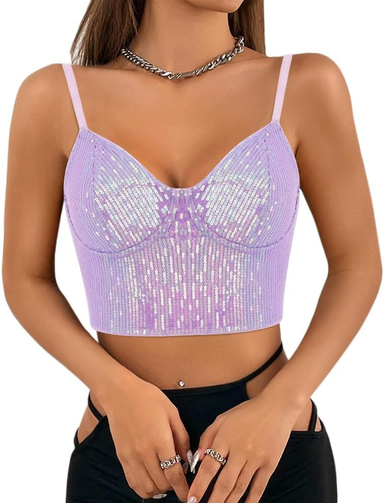 Giovacker Women's Sexy V-Neck Spaghetti Strap Sparkle Sequined Crop Tops Tube Top Bustier Vest Ta... | Amazon (US)
