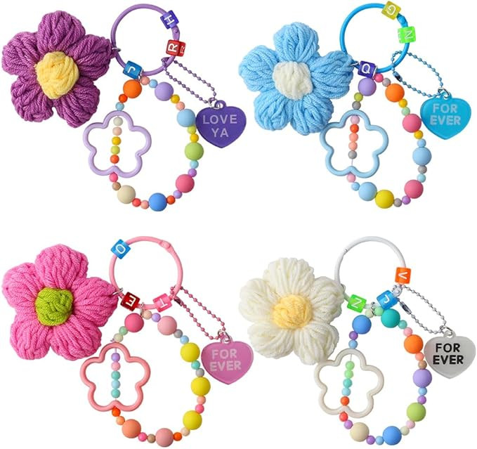 4pcs Colorful Woolen Flower Keychain Wristlet Bag Charms Cartoon Flowers Key Chains Women Cute Ke... | Amazon (US)
