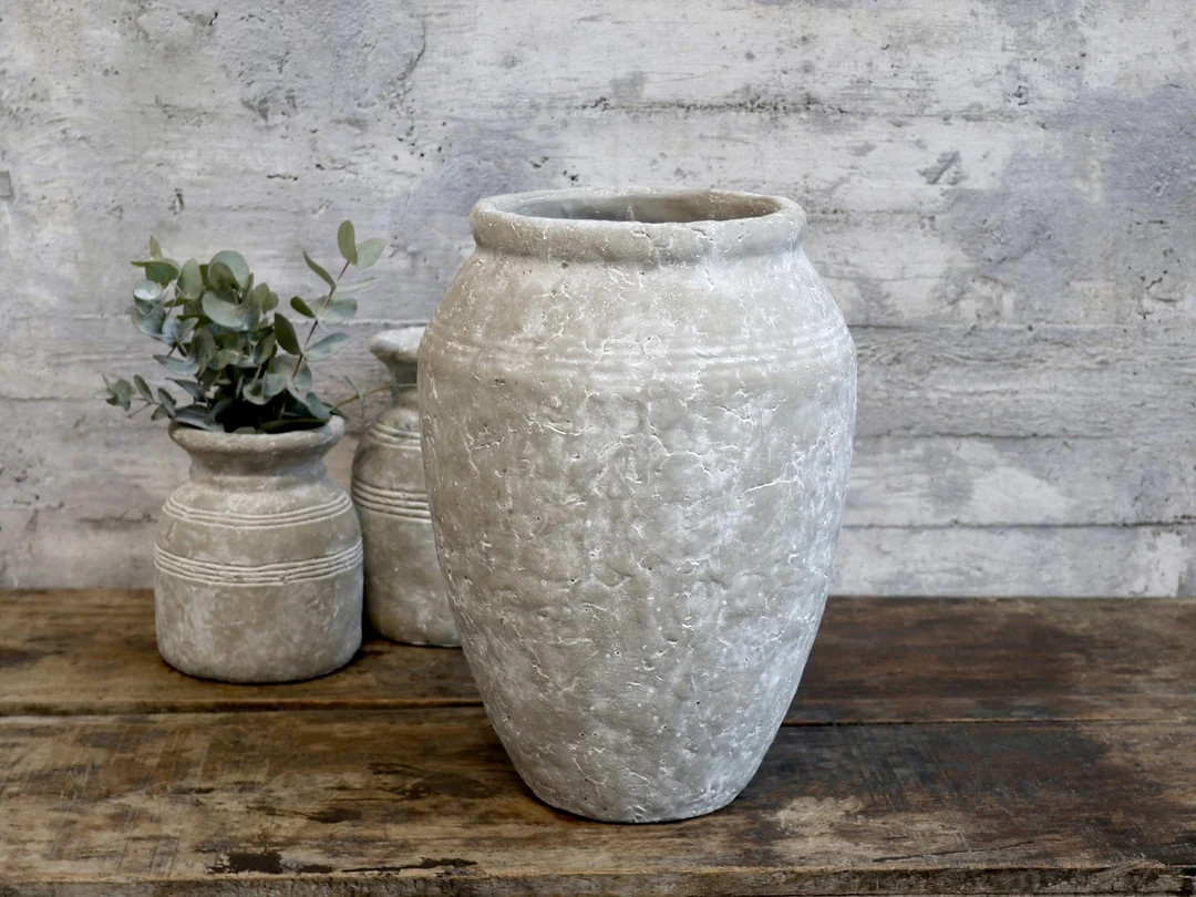 Light French Grey Cement Pot - Rustic Indoor Dried Flower Decorative Vase - Antique Effect Distre... | Etsy (UK)