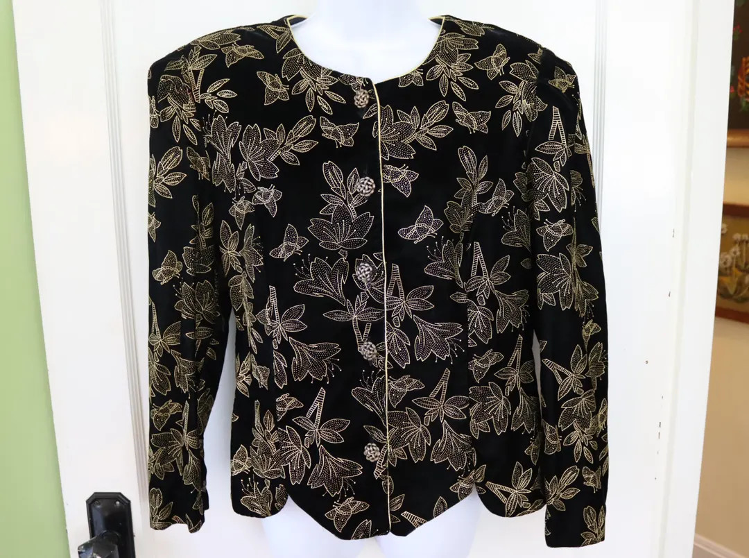 Black and Gold Velvet Jacket - Special Occasion Velvet Blazer With Gold Butterflies and Flowers -... | Etsy (US)