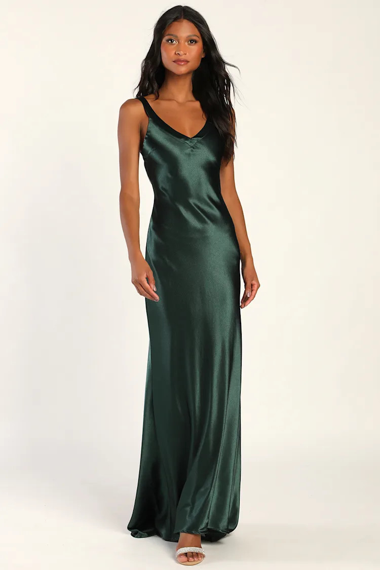 Perfectly Classy Emerald Green Satin Strappy Maxi Dress | Lulus