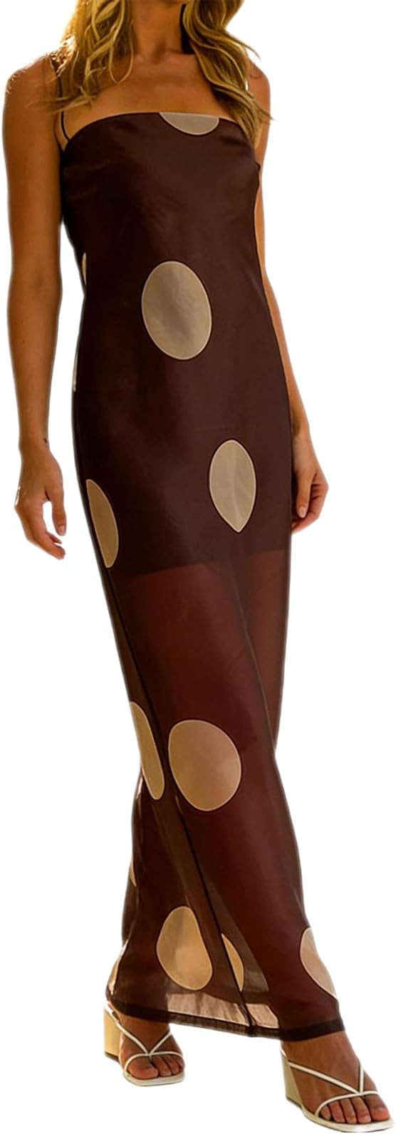 Women Spaghetti Strap Maxi Dress Polka Dots Mesh Patchwork Sleeveless Backless Cami Long Dress Su... | Amazon (US)