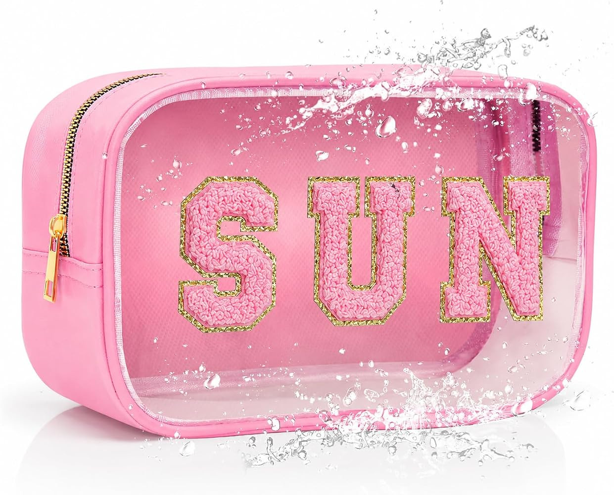 Clear Sunscreen Pink Makeup Bag with SUN Chenille Letter - Beach SPF Cosmetic Organizer, PVC Wate... | Amazon (US)