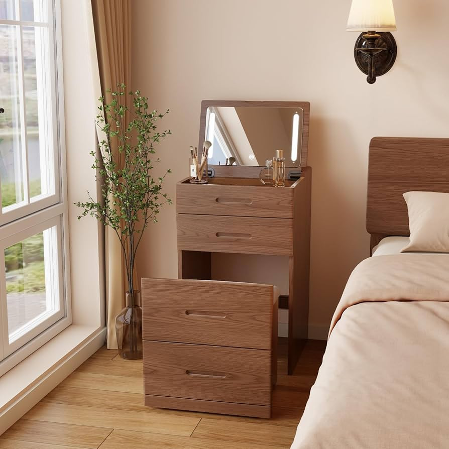 Solid Wood 3 in 1 Vanity Desk with Flip Top Mirror, No Assembly, Compact Vanity with Hidden Chair... | Amazon (US)